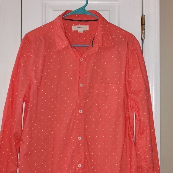 Aeropostale button down with mini triangle print melon color  Sz M - Picture 3 of 6